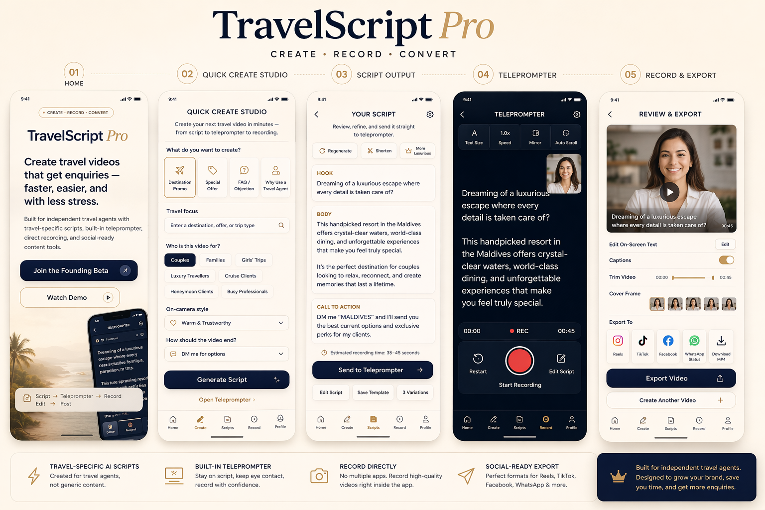 TravelScript Pro app screens